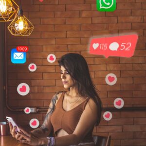 Woman using smartphone in cafe with social media notifications around.